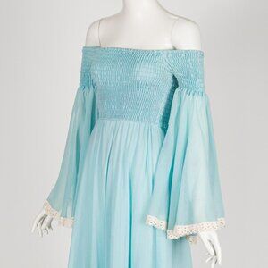 1970s Vintage Baby Blue Voile Shirred Angel Sleeve Off-the-Shoulder Dress Sz XS